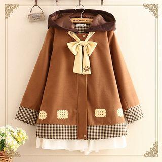 Ribbon-neck Hooded Zip-up Coat