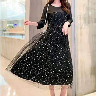 Sheer Panel Elbow-sleeve Midi A-line Dress