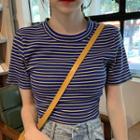 Short-sleeve Tie-back Striped Top