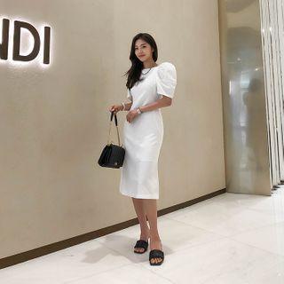 Puff-shoulder Monotone Midi Dress