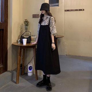 Set: Short-sleeve Leopard Print Shirt + Pinafore Dress