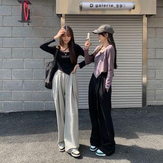 Mock Two-piece Long-sleeve Top / Wide Leg Sweatpants