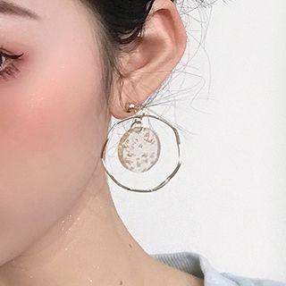 Gold Leaf Disc Alloy Hoop Dangle Earring 1 Pair - Gold & White - One Size