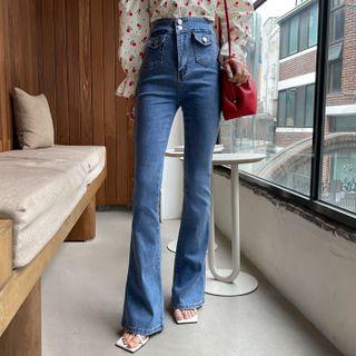 Button-detail Flap-pocket Bootcut Jeans