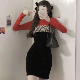 Long-sleeve T-shirt / Leopard Print Mini Pinafore Dress