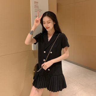Short-sleeve Double Breasted Pleated Paneled Mini Dress