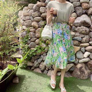 Band-waist Button-front Floral Skirt