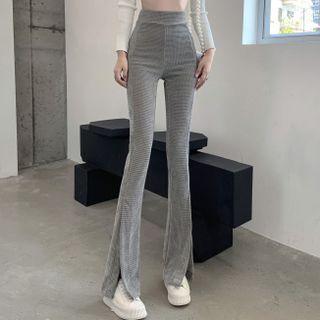 Plain High-waist Slit Boot-cut Pants