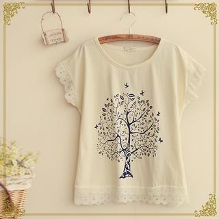 Lace-trim Tree Print T-shirt