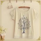 Lace-trim Tree Print T-shirt