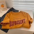 Elbow-sleeve Lettering T-shirt Orange Yellow - One Size