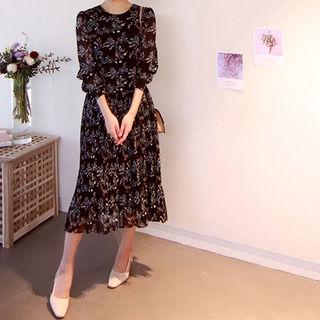 Round-neck Pleated-hem Floral Print Dress