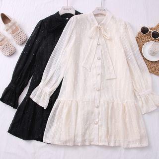 Ribbon-neckline Chiffon Shirtdress / Button-down Woolen Vest