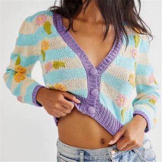 Embroidery Flower Print Crop Cardigan