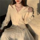 Long-sleeve Cutout Plain Sweater / High-waist Plain Sheer Skirt