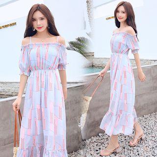 Patterned Off Shoulder Short Sleeve Midi Chiffon Dress