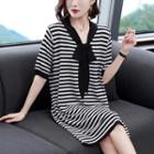 Tie-neck Short-sleeve Striped Knit Dress