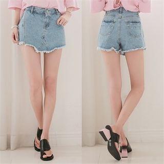 Flap-front Fray-hem Denim Shorts