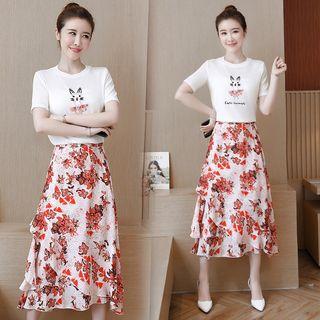Set: Short-sleeve Rabbit Print T-shirt + Midi Floral A-line Skirt