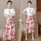 Set: Short-sleeve Rabbit Print T-shirt + Midi Floral A-line Skirt