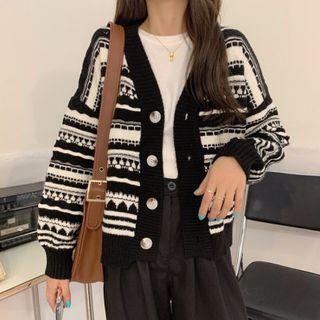 V-neck Striped Button-up Knit Cardigan
