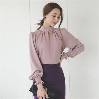 Mock-neck Cutaway-front Shirred Blouse