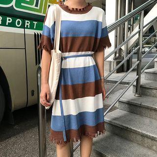 Striped Short-sleeve Ripped Knit Dress With Belt