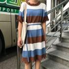 Striped Short-sleeve Ripped Knit Dress With Belt