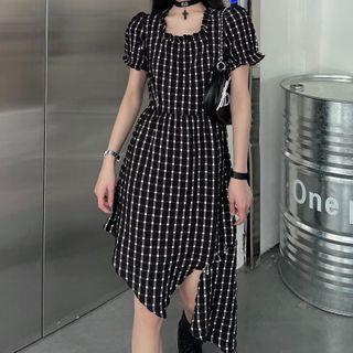 Short-sleeve Plaid Asymmetrical A-line Dress