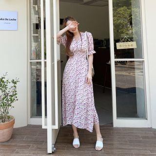 Smocked-waist Floral Print Dress Purple - One Size