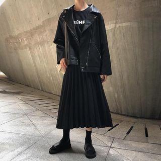 Faux Leather Zip Biker Jacket / Pleated Midi Skirt