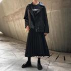Faux Leather Zip Biker Jacket / Pleated Midi Skirt