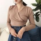 V-neck Asymmetric Hem Elbow-sleeve Top