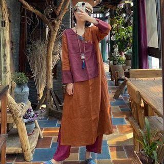 Long-sleeve Color Bloc A-line Dress Dark Red & Orange - One Size