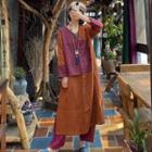 Long-sleeve Color Bloc A-line Dress Dark Red & Orange - One Size