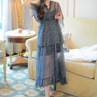 Set: Short-sleeve Chiffon Midi Dress + Slipdress