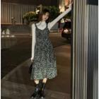 Long-sleeve Mock Neck Plain Top / Sleeveless Leopard Printed Dress