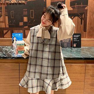 Puff Sleeve Shirt / Sleeveless Plaid Mini Dress
