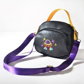 Embroidered Nylon Handbag With Shoulder Strap Black - One Size