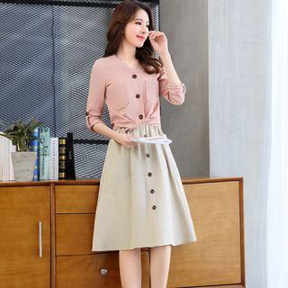 Set: V-neck Long-sleeve Top + High Waist A-line Skirt