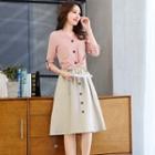 Set: V-neck Long-sleeve Top + High Waist A-line Skirt