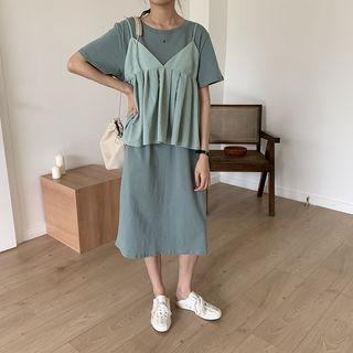 Set: Crew-neck Short-sleeve Midi T-shirt Dress + Camisole Top