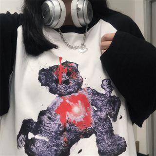 Long-sleeve Bear Print Raglan T-shirt As Shown In Figure - One Size