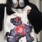 Long-sleeve Bear Print Raglan T-shirt As Shown In Figure - One Size