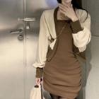 Long-sleeve Contrast Trim Jacket + Plain Sheath Spaghetti-strap Mini Dress