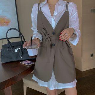 Plain Long-sleeve Shirt / Sleeveless Button Jacket