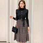 Long-sleeve Houndstooth Knit Midi A-line Dress As Shown In Figure - One Size