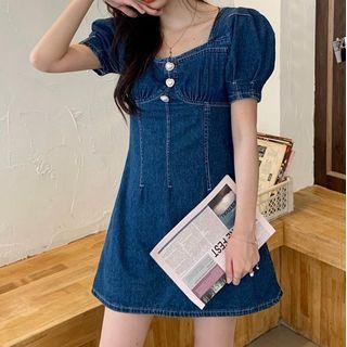 Puff-sleeve A-line Mini Denim Dress