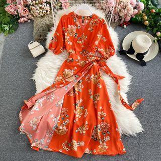 V-neck Chiffon Flower Printed Dress