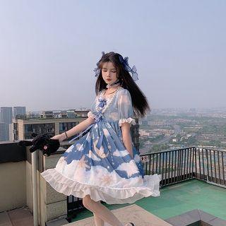 Set: Printed Short-sleeve A-line Dress + Choker